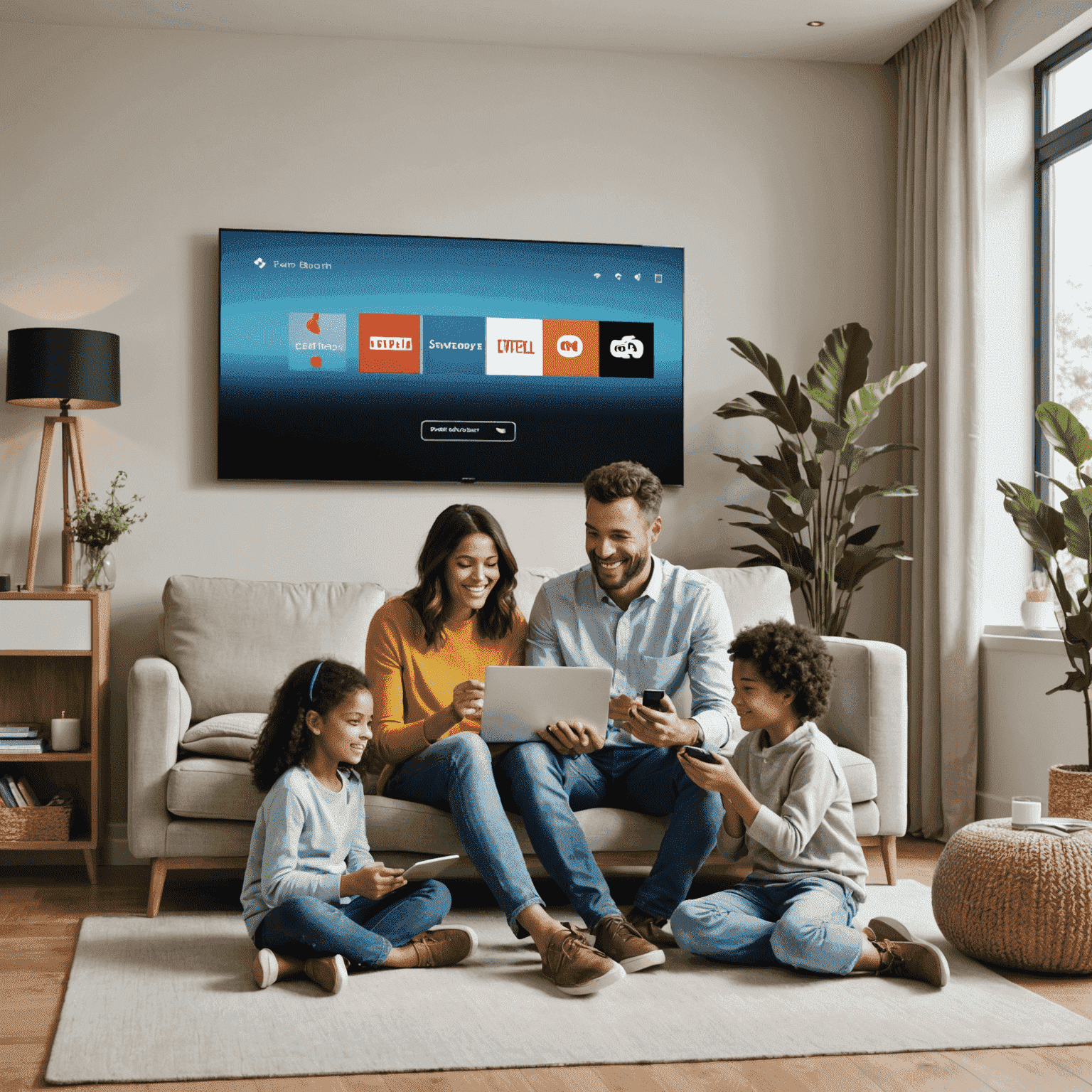 Banner image showcasing a family enjoying high-speed internet, TV, and mobile services in their modern living room